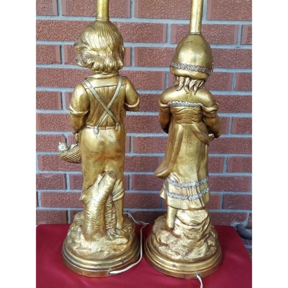 MCM Gold Gilt Chalkware Boy With Kittens Girl With Puppies Lamp Set - Picture 3 of 8